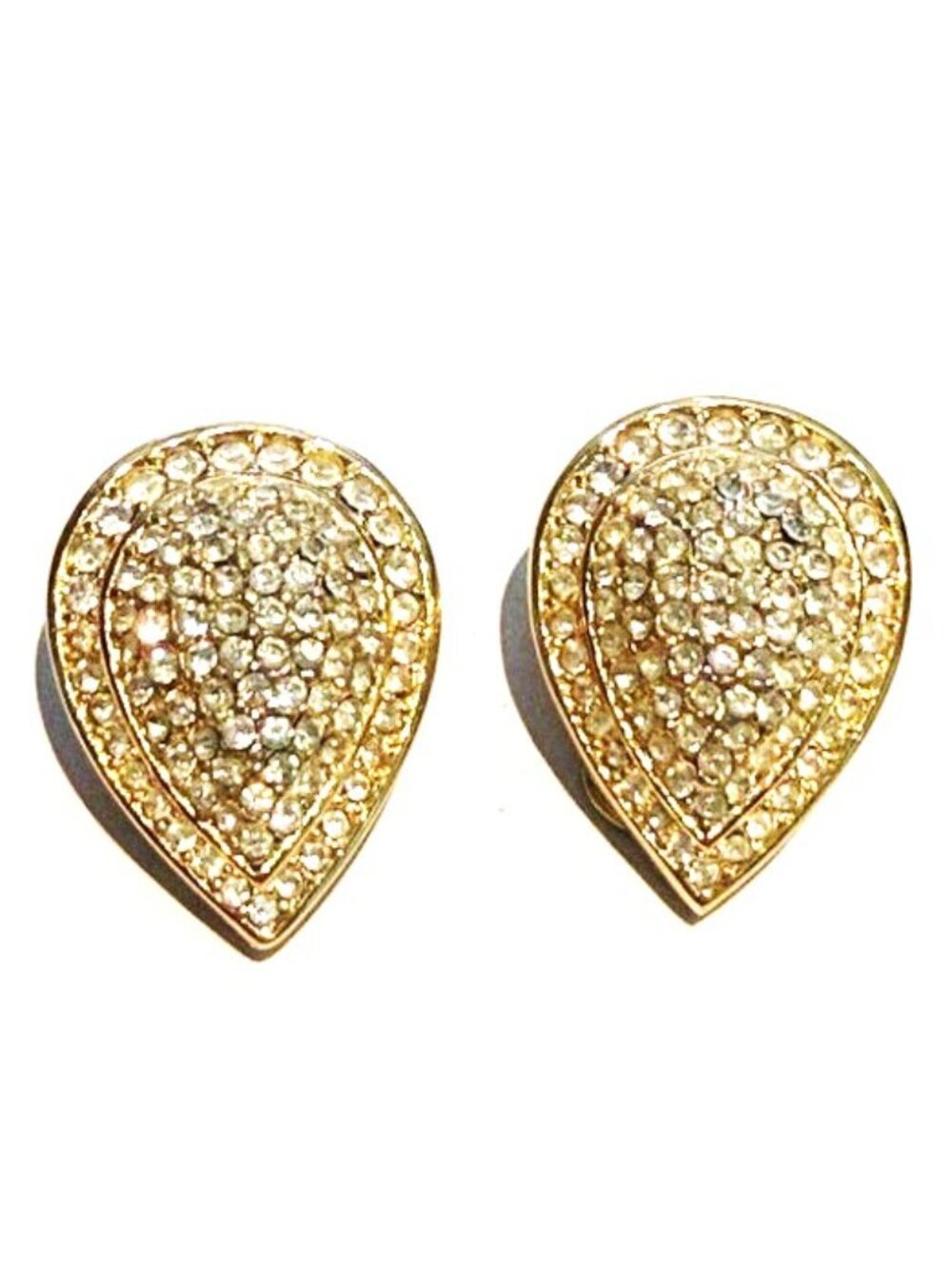 Vintage Christian Dior Gold & Pave Rhinestone Teardrop Clip Earrings